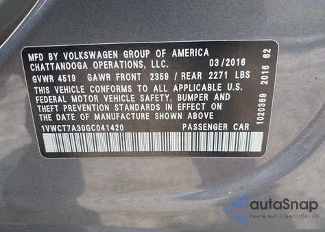 2016 Volkswagen Passat 1.8T Sel Premium из США, поврежденный, VIN 1VWCT7A30GC041420